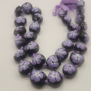 kukui nut lei hawaiian style necklace natural hand-painted hibiscus flowers